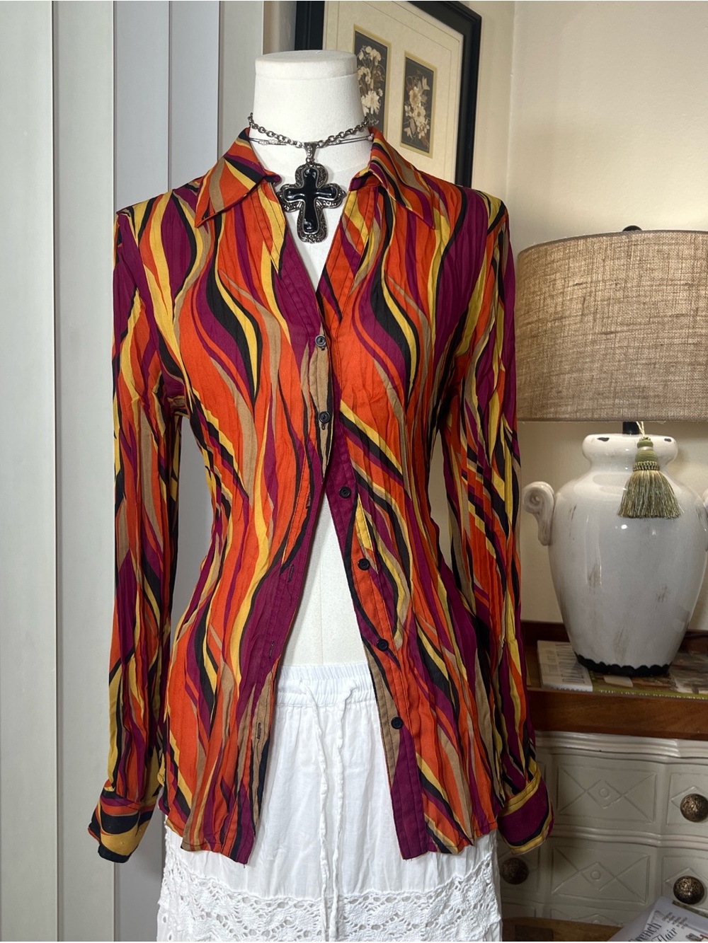 Y2K Multicolor Wave-Print Button Front Blouse - Orange & Magenta